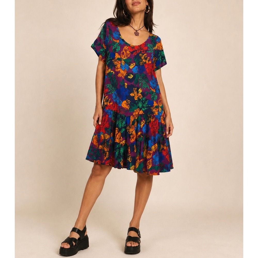 HILO HATTIE Vintage 80s Hawaiian Tiered Floral Multicolor Drop Waist Shift Dress